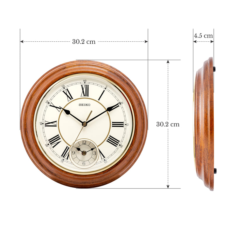 QXA494B Oak Wood Dual Time Wall Clock