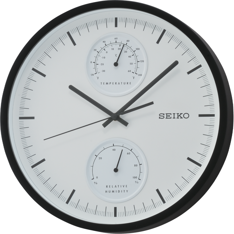 Elegant Seiko clock with thermometer and Hygrometer to check humidity & temperature. White dial with contrasting black hour hands. QXA525KN