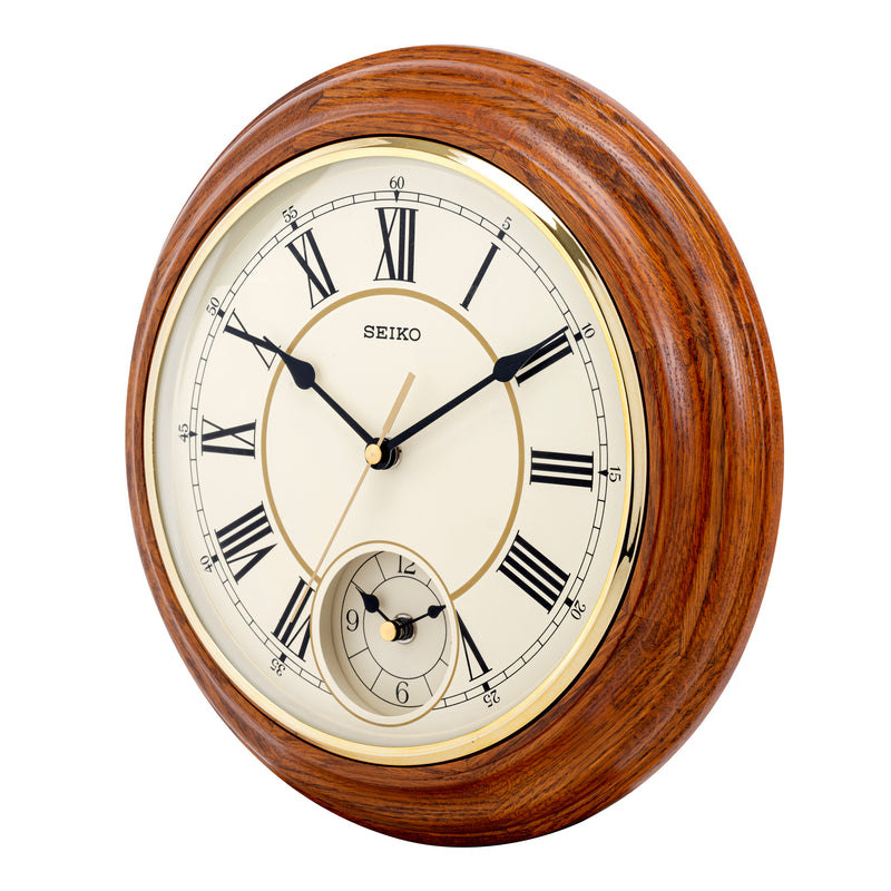 QXA494B Oak Wood Dual Time Wall Clock